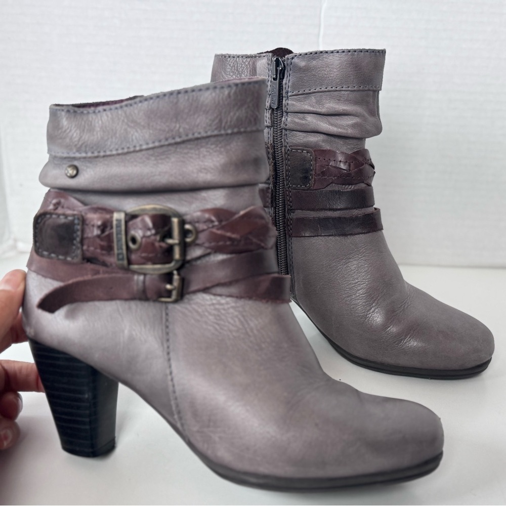 Pikolinos Verona Gray Leather Zip Braided Moto Biker Style Ankle Boots Shoes 35